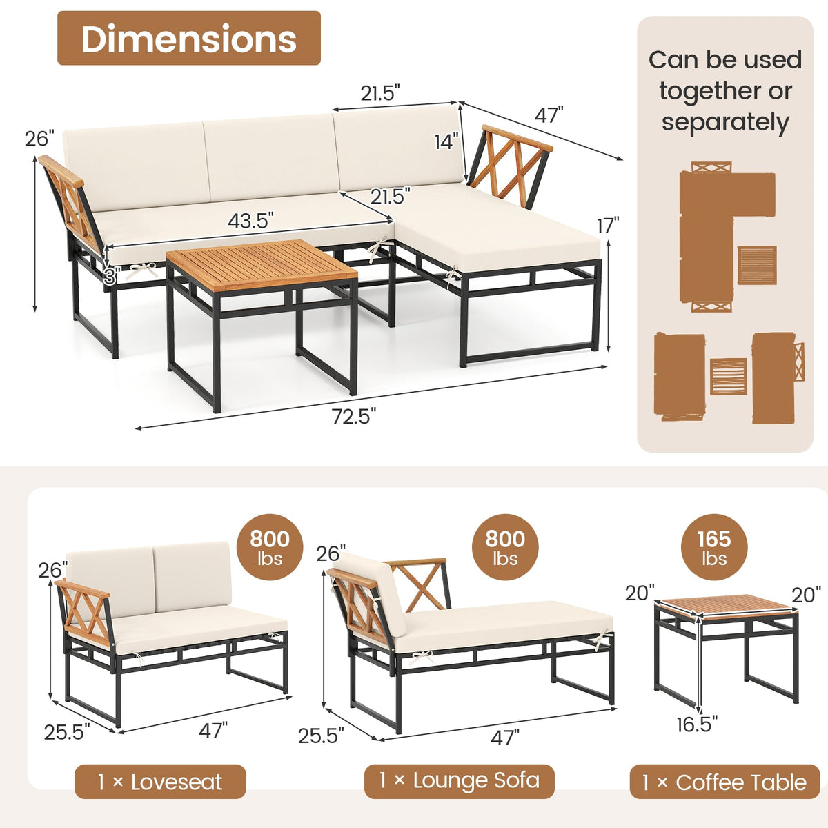 3-Piece L-Shaped Patio Set for Porch Backyard and Poolside-Beige