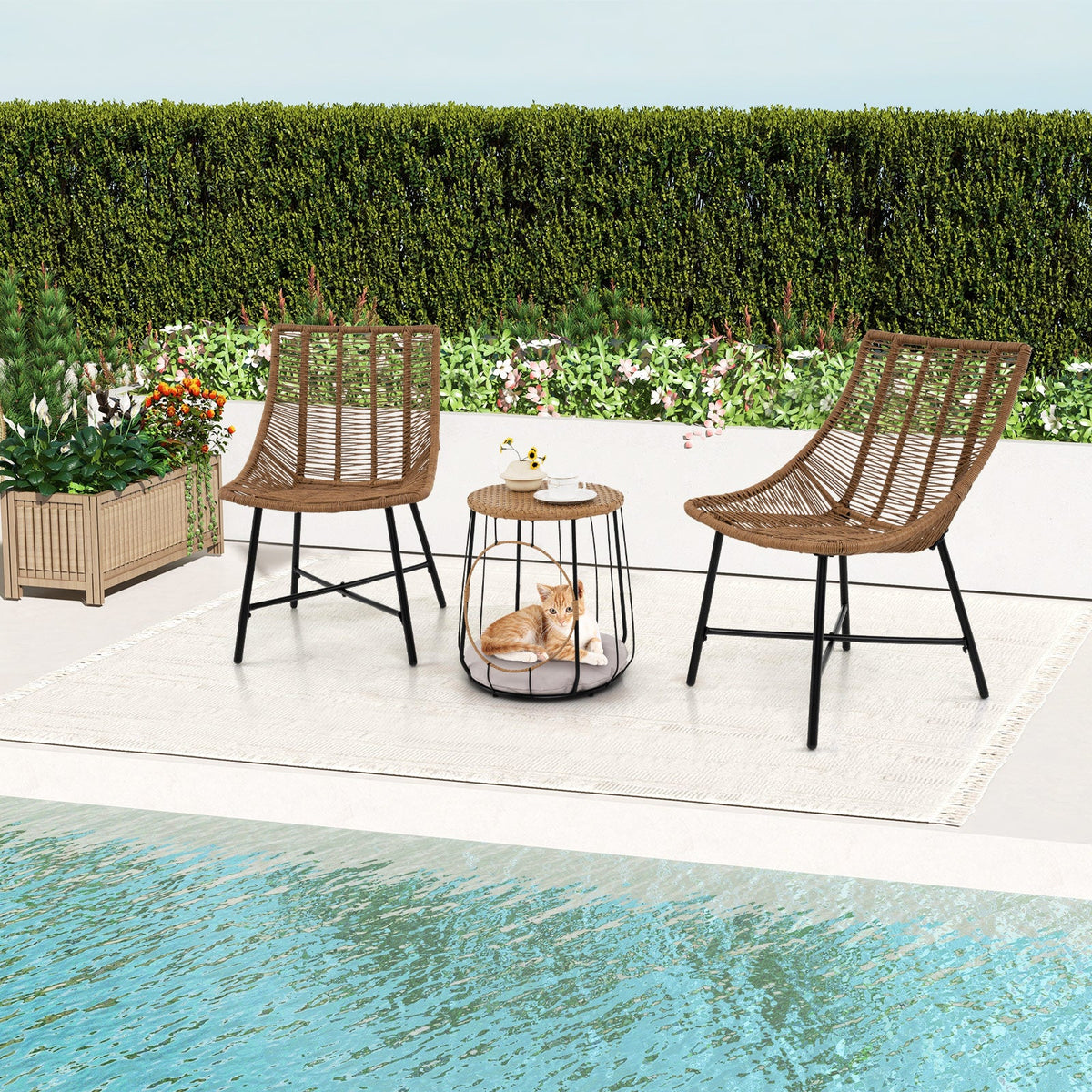 3 Piece Outdoor Furniture Set with Pet House for Patio Yard-Brown