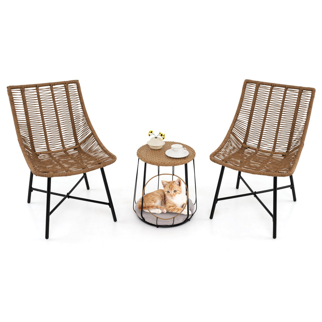 3 Piece Outdoor Furniture Set with Pet House for Patio Yard-Brown