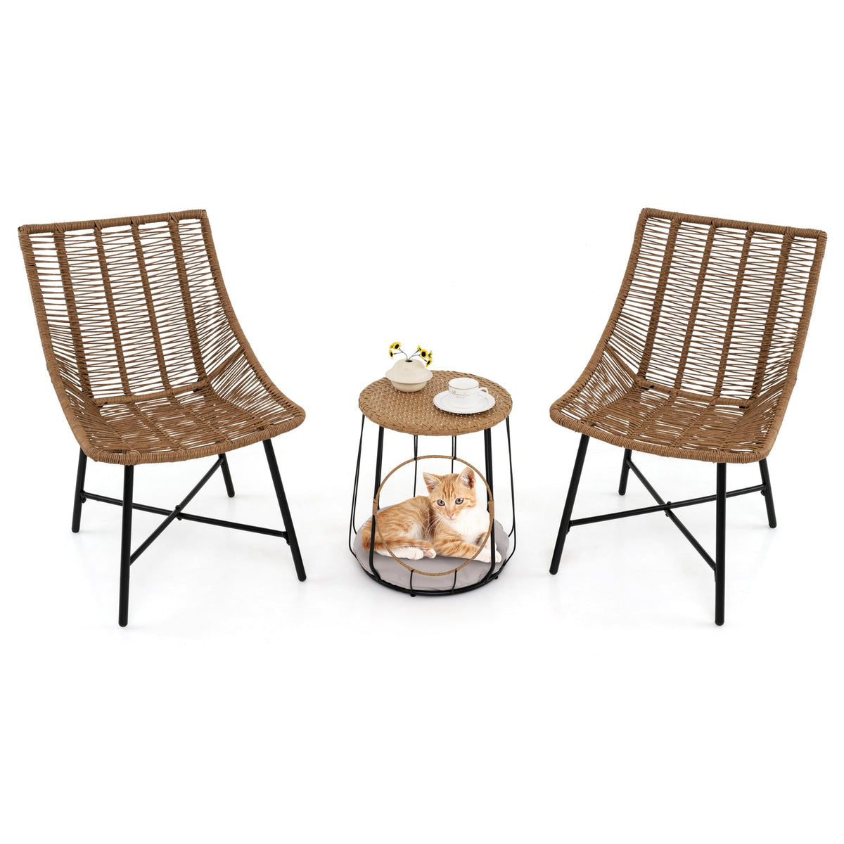 3 Piece Outdoor Furniture Set with Pet House for Patio Yard-Brown