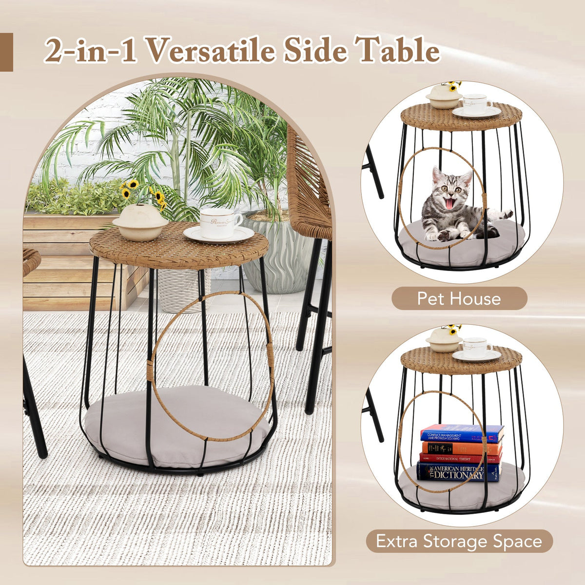 3 Piece Outdoor Furniture Set with Pet House for Patio Yard-Brown