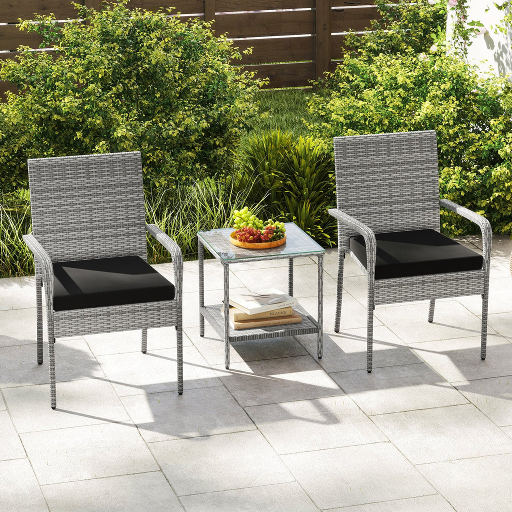3 Piece Patio Furniture Set with Seat Cushions and Tempered Glass Tabletop for Balcony