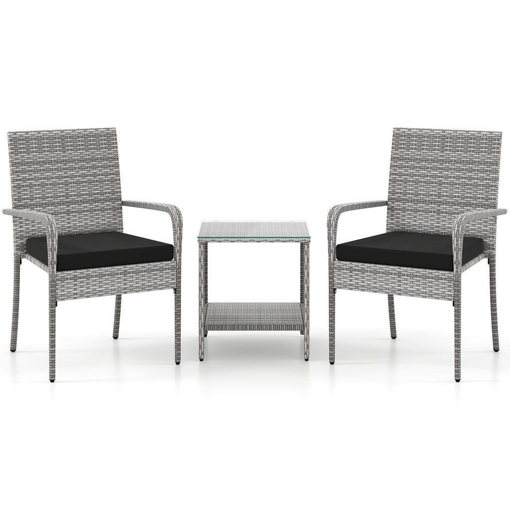 3 Piece Patio Furniture Set with Seat Cushions and Tempered Glass Tabletop for Balcony