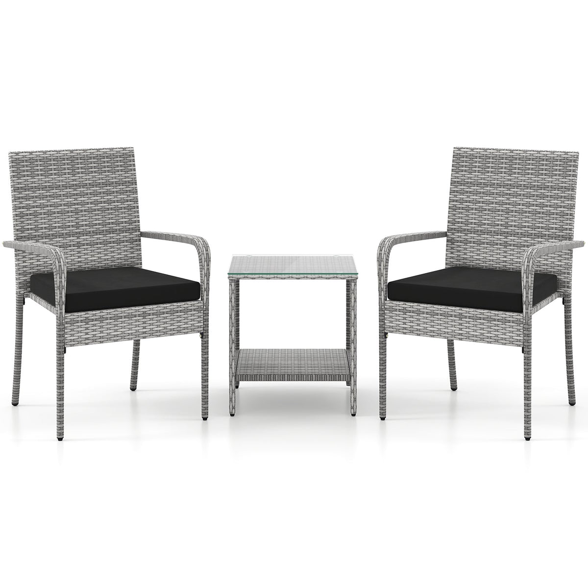 3 Piece Patio Furniture Set with Seat Cushions and Tempered Glass Tabletop for Balcony