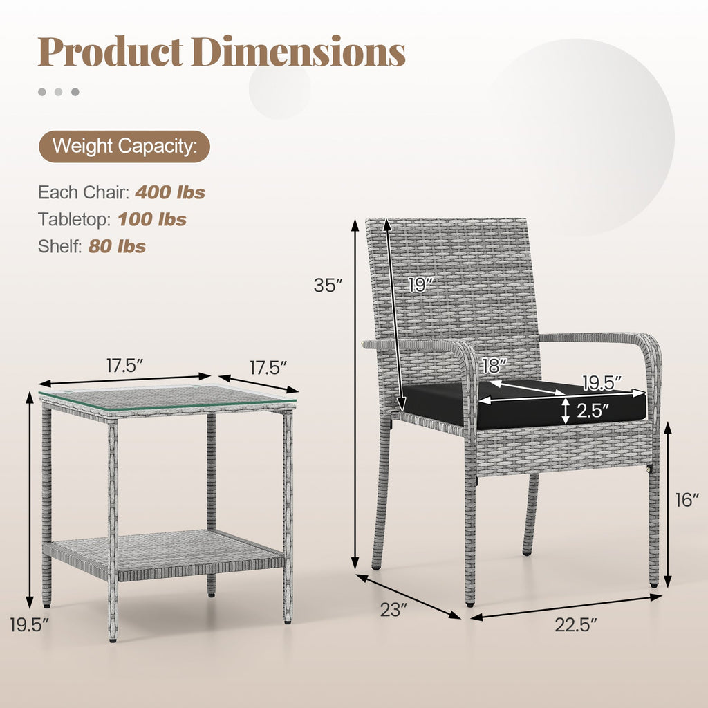 3 Piece Patio Furniture Set with Seat Cushions and Tempered Glass Tabletop for Balcony