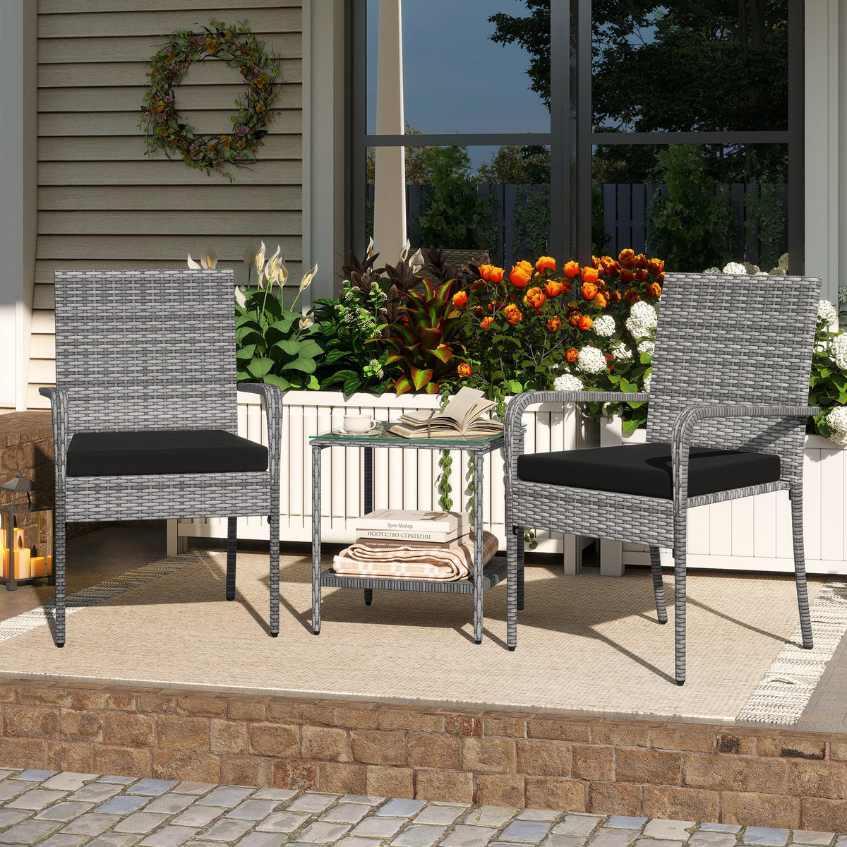 3 Piece Patio Furniture Set with Seat Cushions and Tempered Glass Tabletop for Balcony