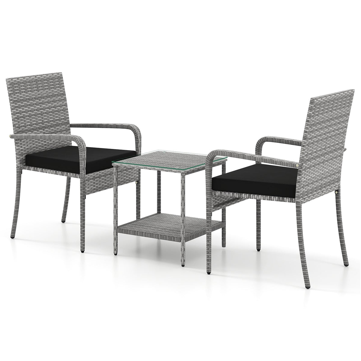 3 Piece Patio Furniture Set with Seat Cushions and Tempered Glass Tabletop for Balcony