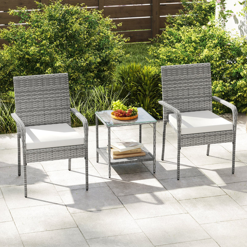 3 Piece Patio Furniture Set with Seat Cushions and Tempered Glass Tabletop for Balcony