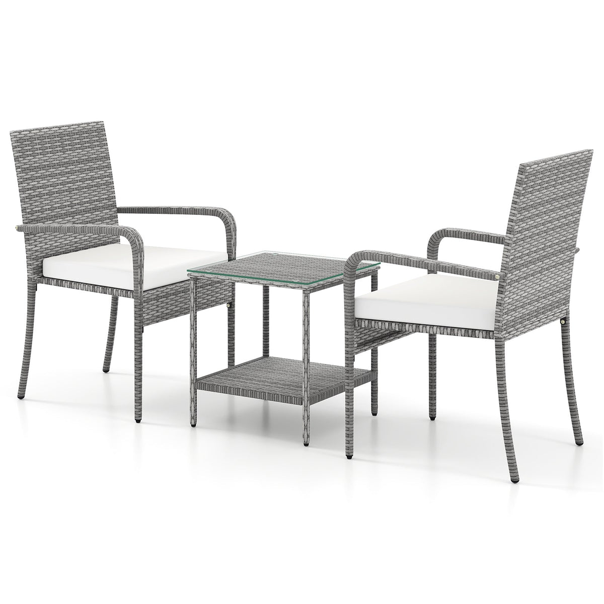 3 Piece Patio Furniture Set with Seat Cushions and Tempered Glass Tabletop for Balcony