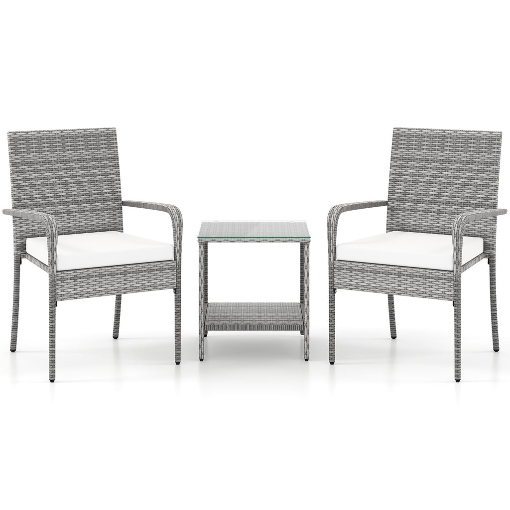 3 Piece Patio Furniture Set with Seat Cushions and Tempered Glass Tabletop for Balcony