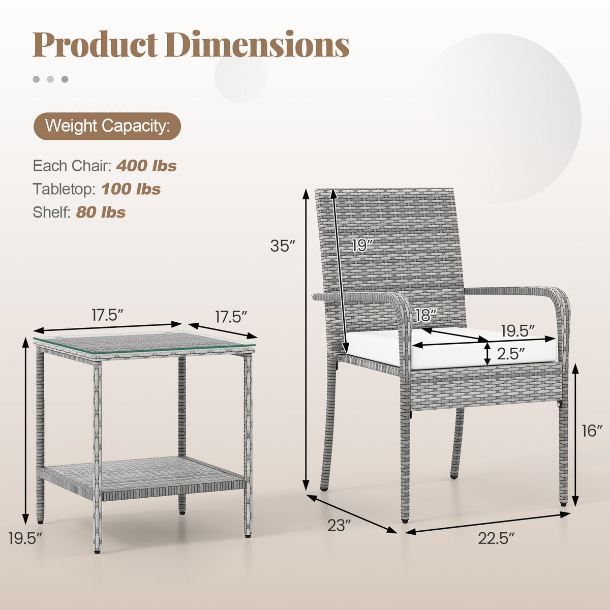 3 Piece Patio Furniture Set with Seat Cushions and Tempered Glass Tabletop for Balcony