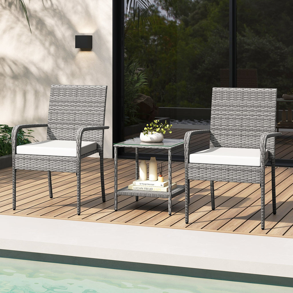 3 Piece Patio Furniture Set with Seat Cushions and Tempered Glass Tabletop for Balcony