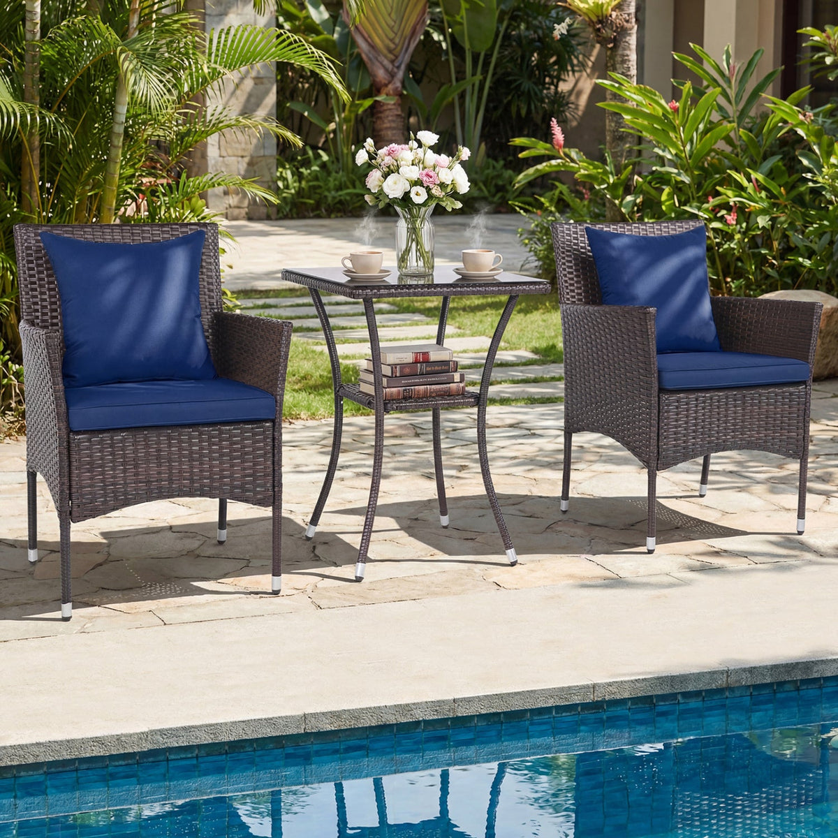 3 Pieces Patio Set with Cushioned Patio Chairs and Glass Coffee Table