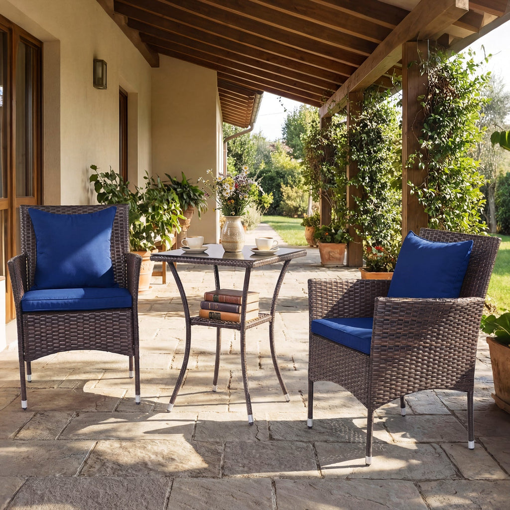 3 Pieces Patio Set with Cushioned Patio Chairs and Glass Coffee Table