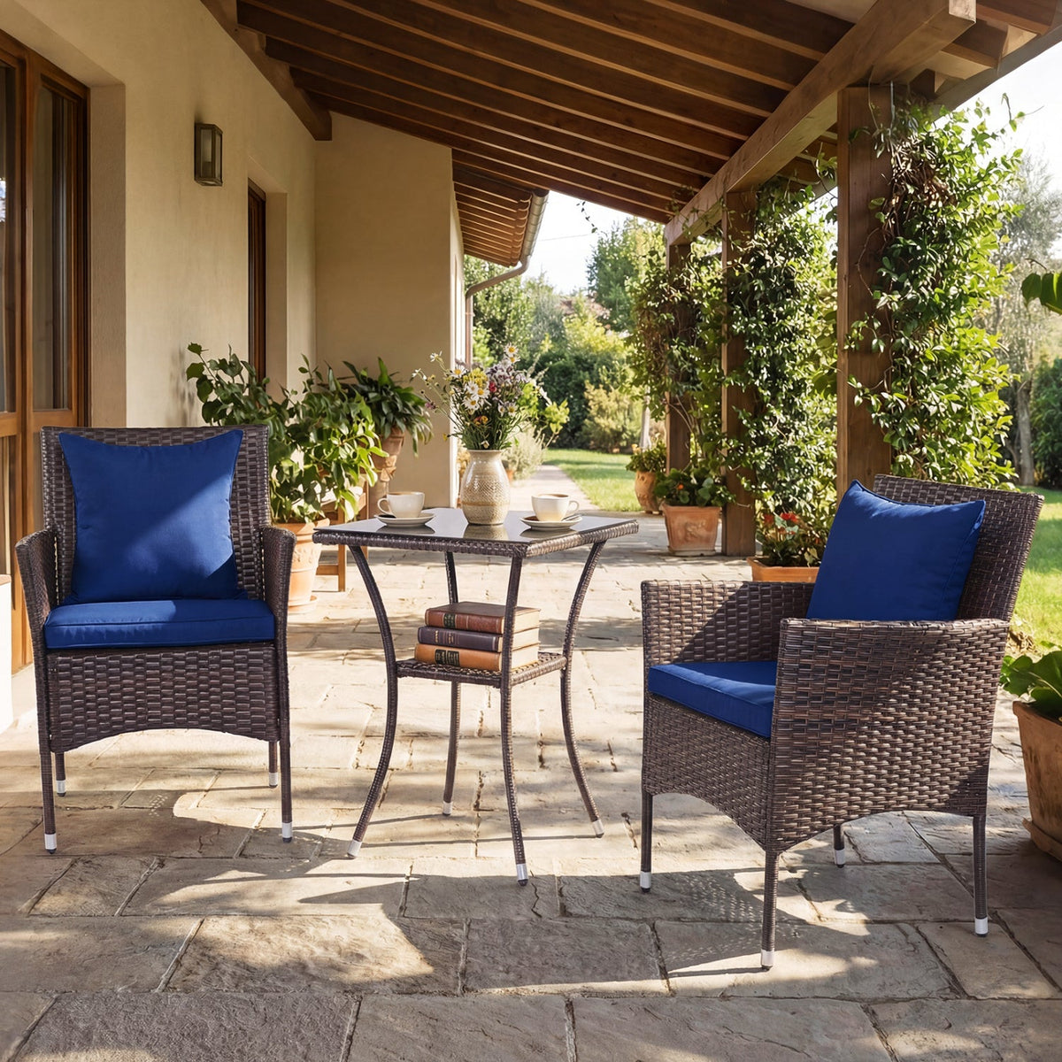 3 Pieces Patio Set with Cushioned Patio Chairs and Glass Coffee Table