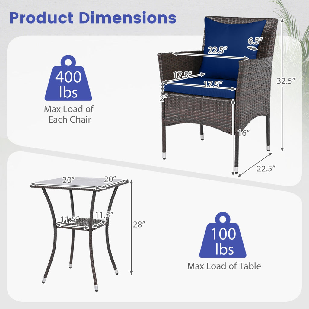 3 Pieces Patio Set with Cushioned Patio Chairs and Glass Coffee Table