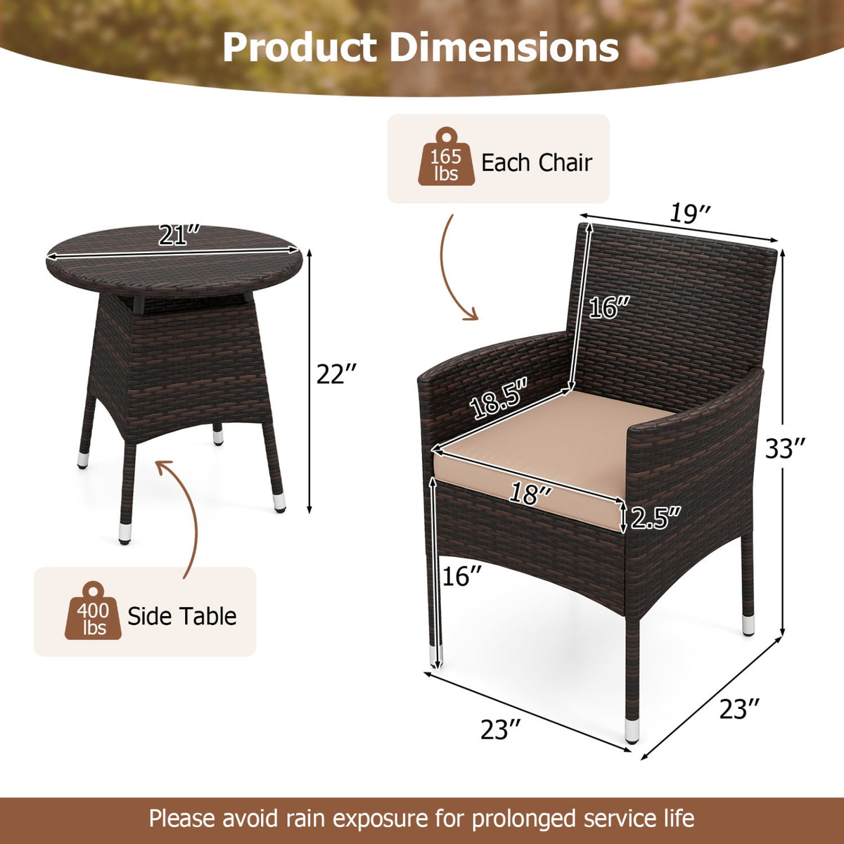 3 Piece Patio Furniture Set Outside Bistro Set for Porch