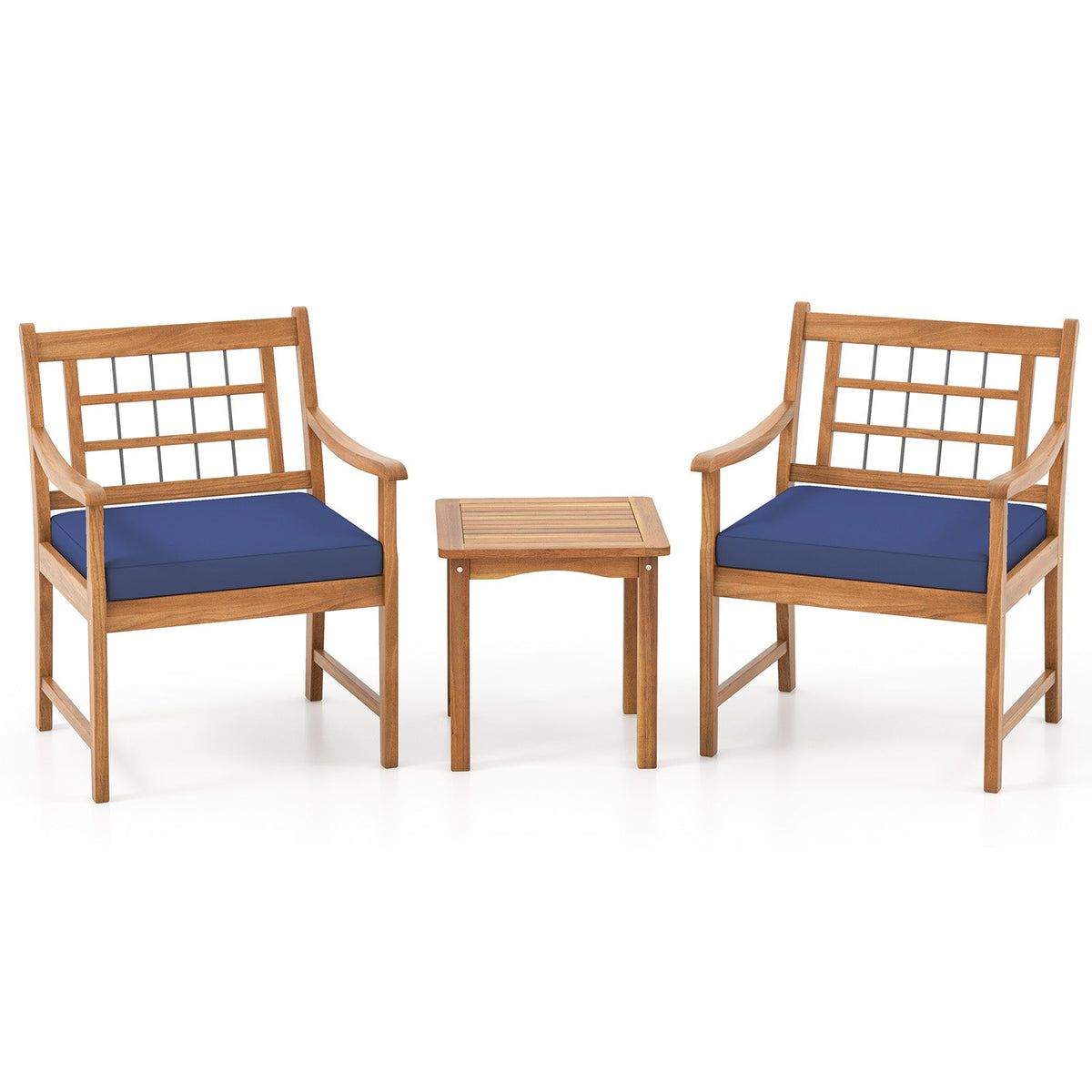 3 Piece Wood Patio Set with Seat Cushions and Acacia Wood Frame