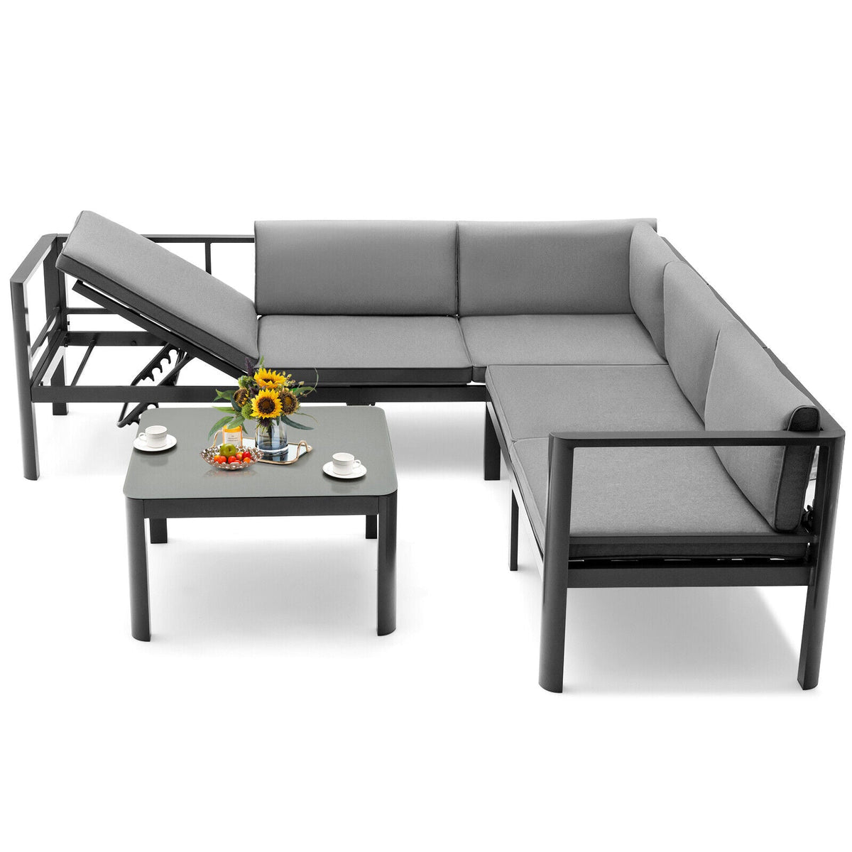 3 Pieces Aluminum Patio Set with 6-Level Adjustable Backrest-Gray