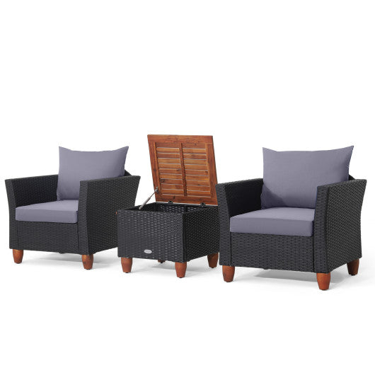 3 Pieces Patio Wicker Set with Cushions and Acacia Wood Coffee Table