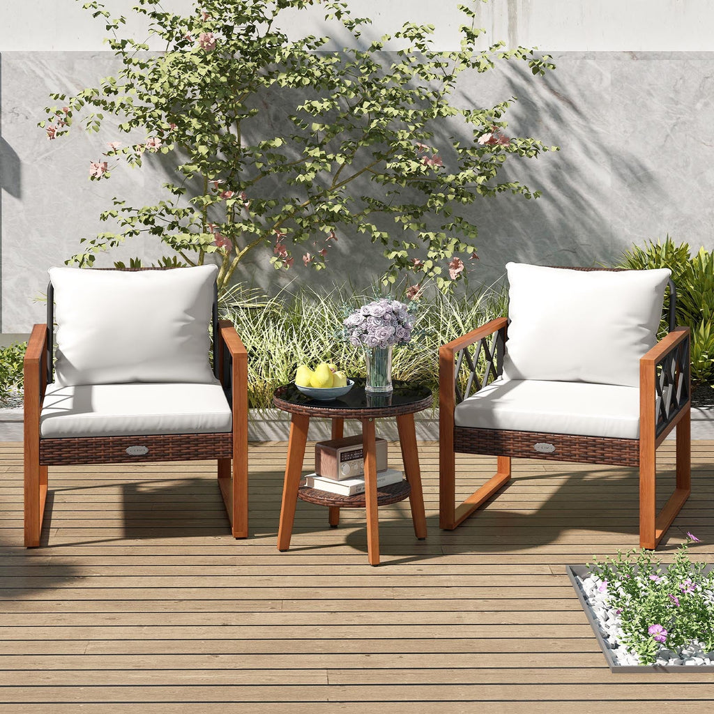 3 Pieces Patio Set with Tempered Glass Top Table and Soft Cushions