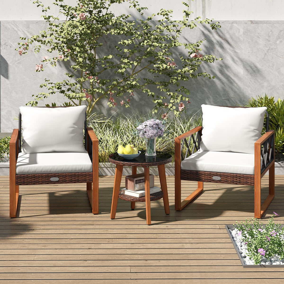 3 Pieces Patio Set with Tempered Glass Top Table and Soft Cushions