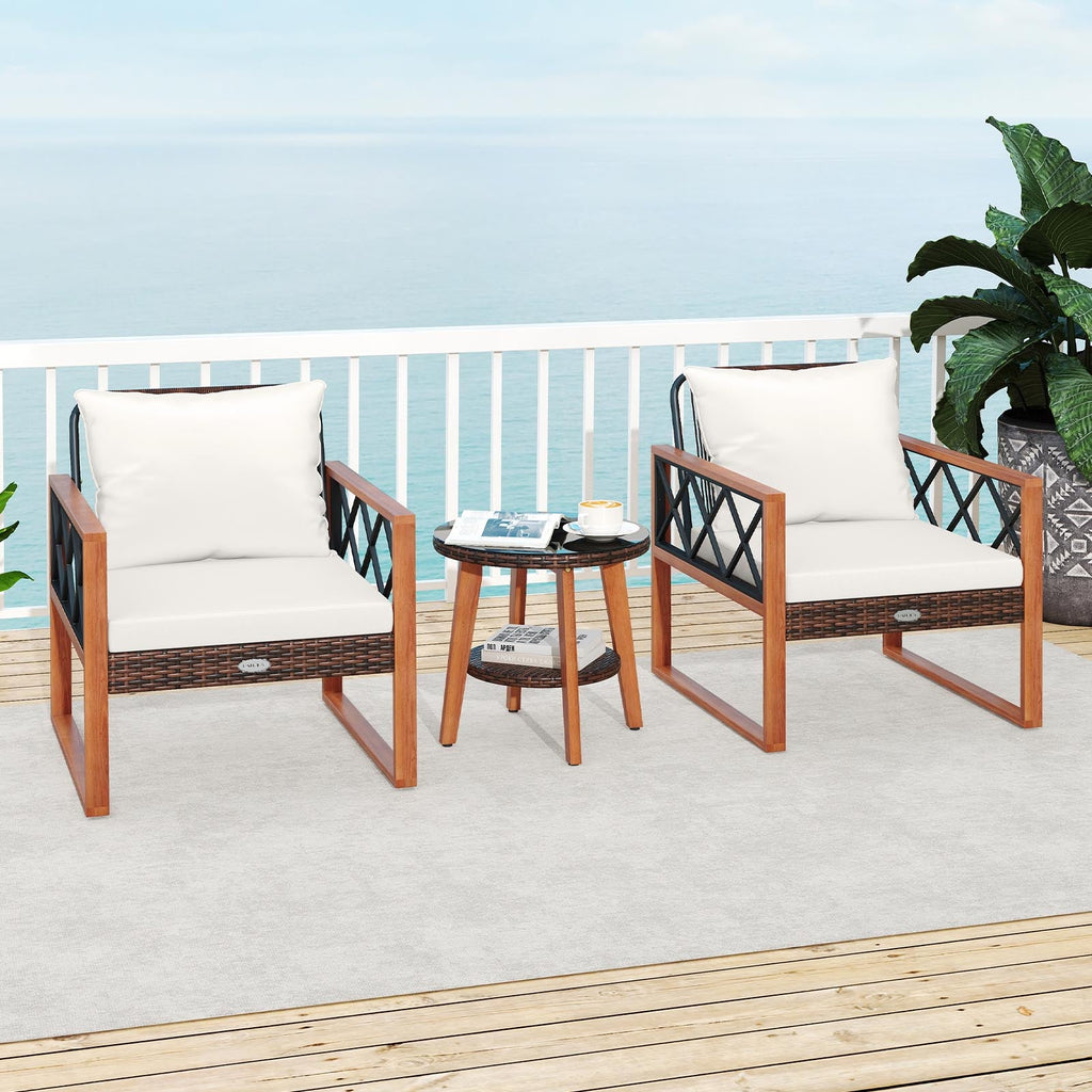 3 Pieces Patio Set with Tempered Glass Top Table and Soft Cushions