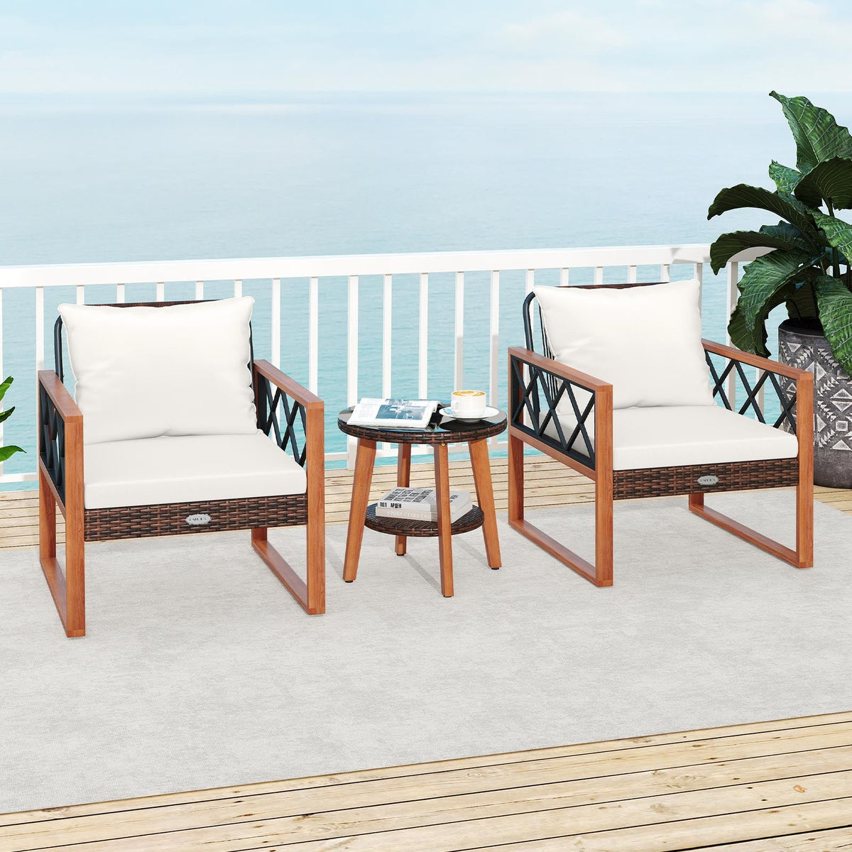 3 Pieces Patio Set with Tempered Glass Top Table and Soft Cushions