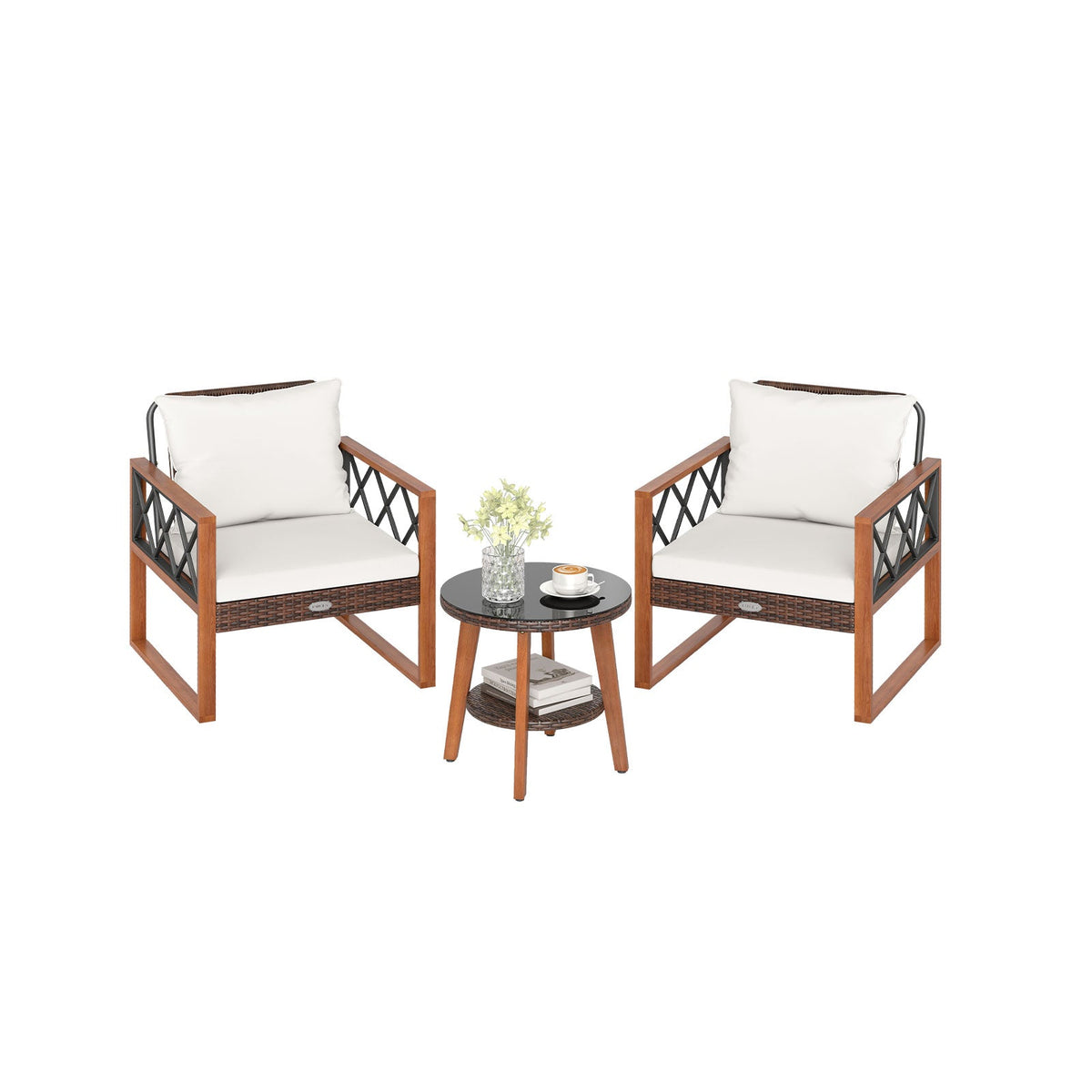 3 Pieces Patio Set with Tempered Glass Top Table and Soft Cushions