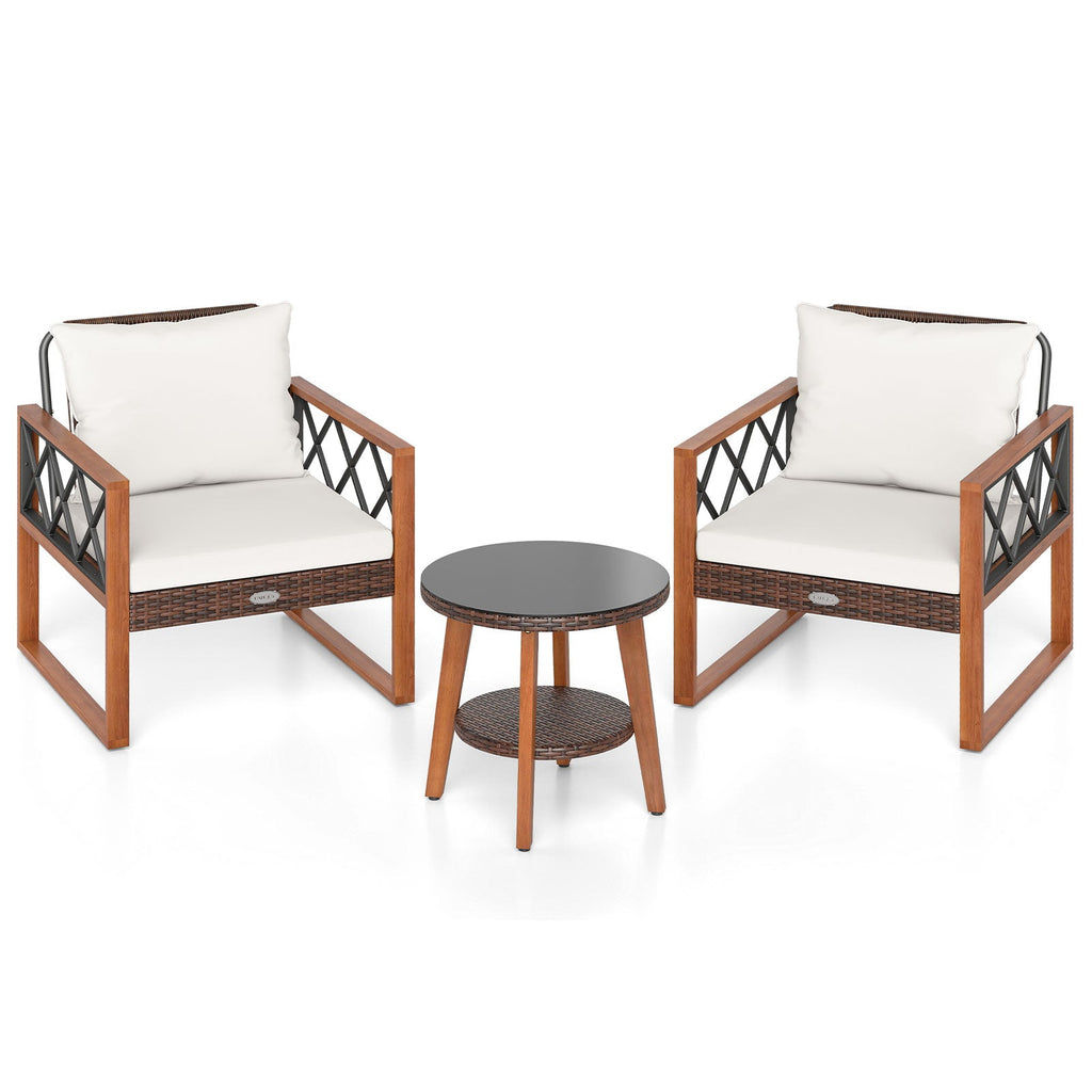 3 Pieces Patio Set with Tempered Glass Top Table and Soft Cushions