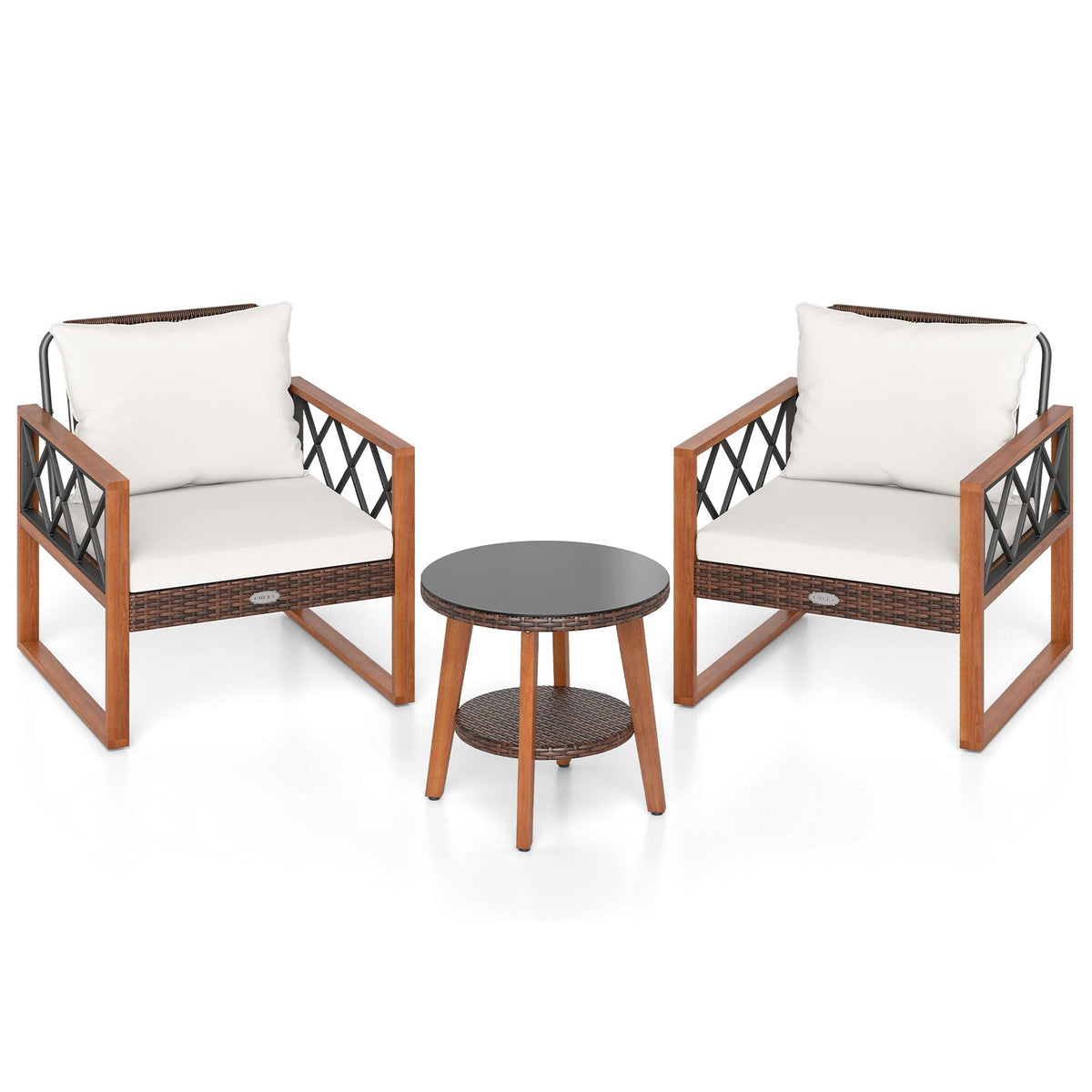 3 Pieces Patio Set with Tempered Glass Top Table and Soft Cushions