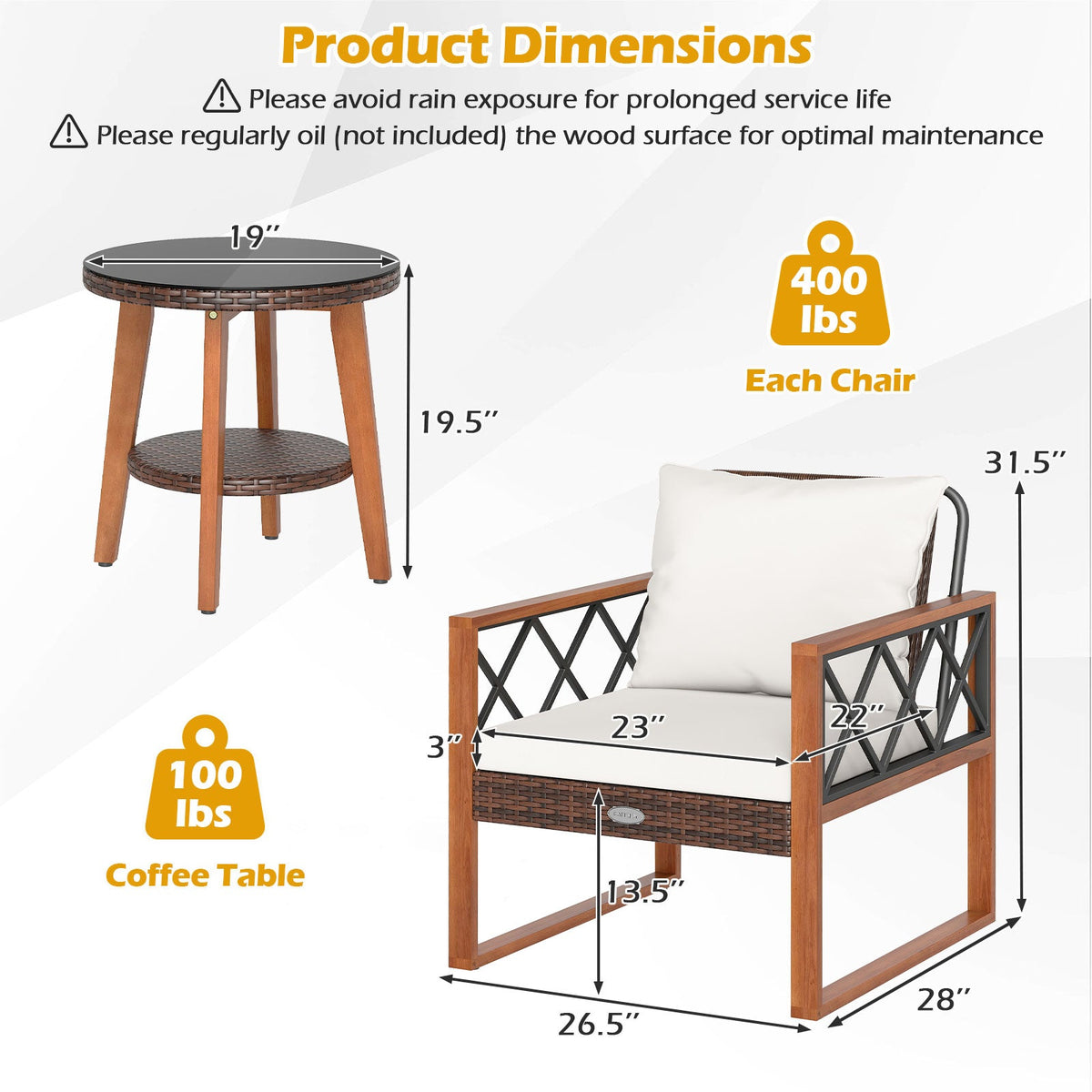 3 Pieces Patio Set with Tempered Glass Top Table and Soft Cushions