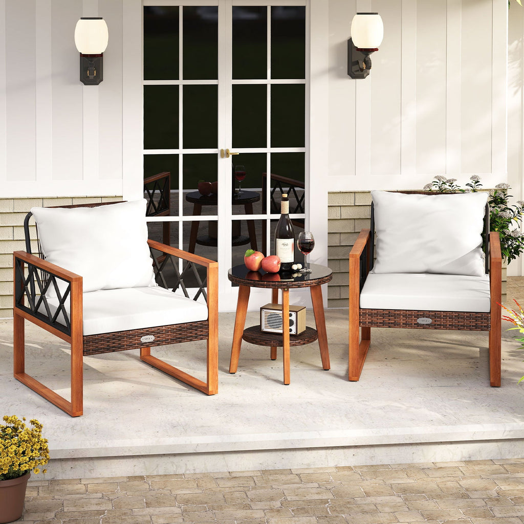 3 Pieces Patio Set with Tempered Glass Top Table and Soft Cushions