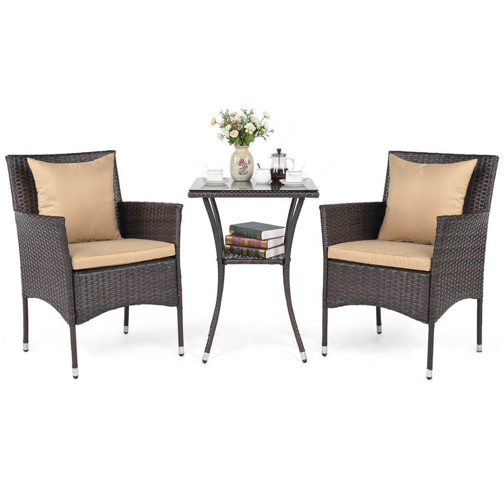 3 Pieces Patio Set with Cushioned Patio Chairs and Glass Coffee Table