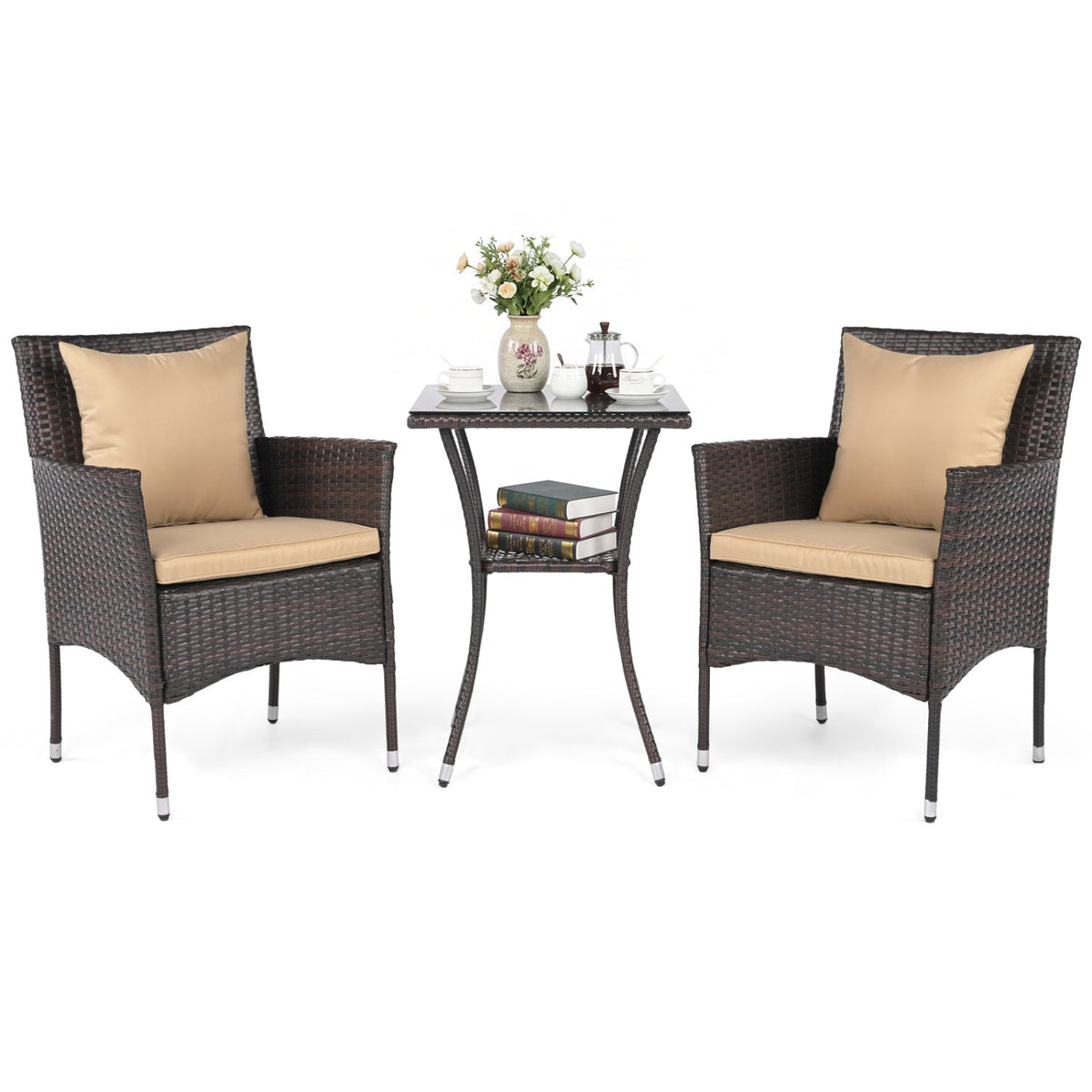 3 Pieces Patio Set with Cushioned Patio Chairs and Glass Coffee Table