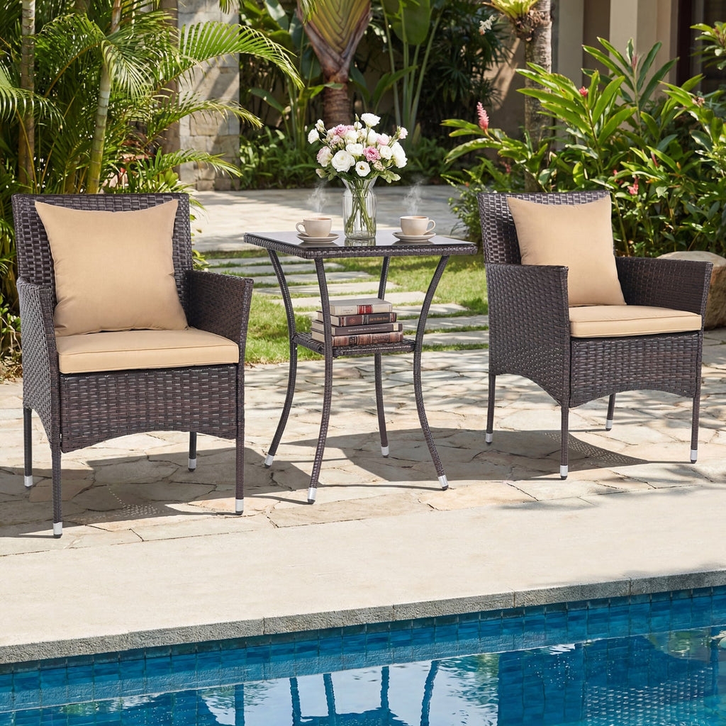 3 Pieces Patio Set with Cushioned Patio Chairs and Glass Coffee Table