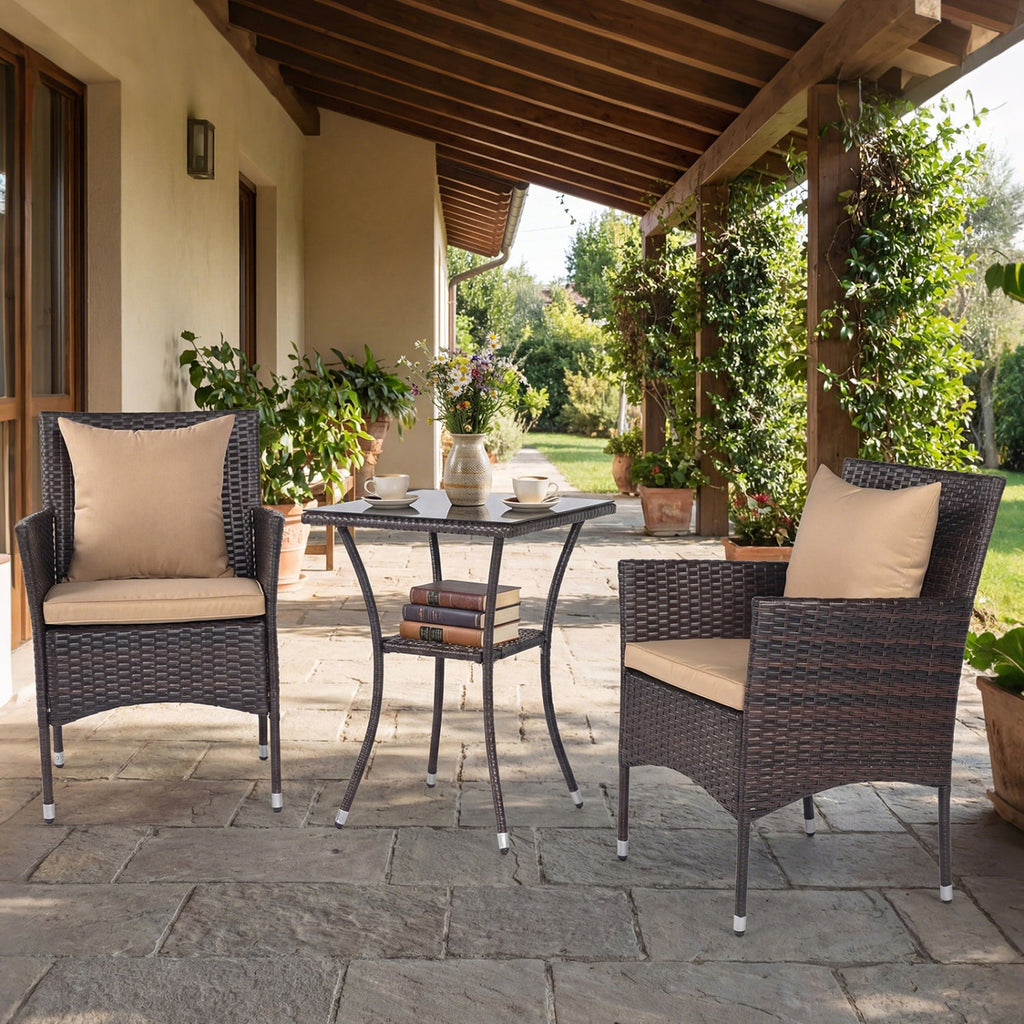 3 Pieces Patio Set with Cushioned Patio Chairs and Glass Coffee Table