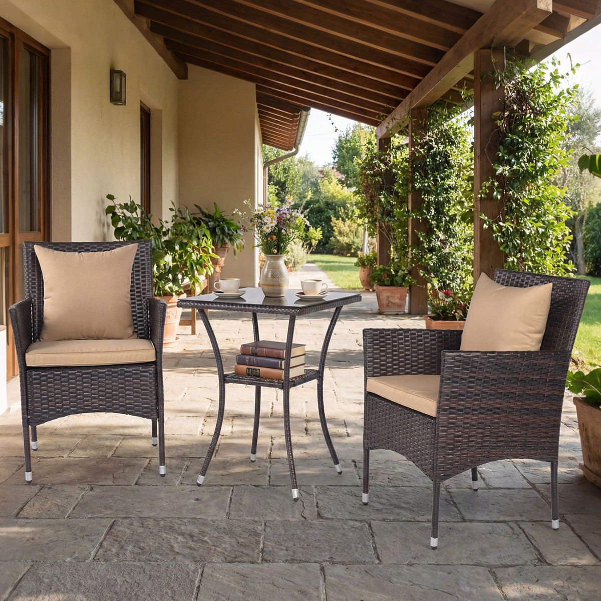 3 Pieces Patio Set with Cushioned Patio Chairs and Glass Coffee Table