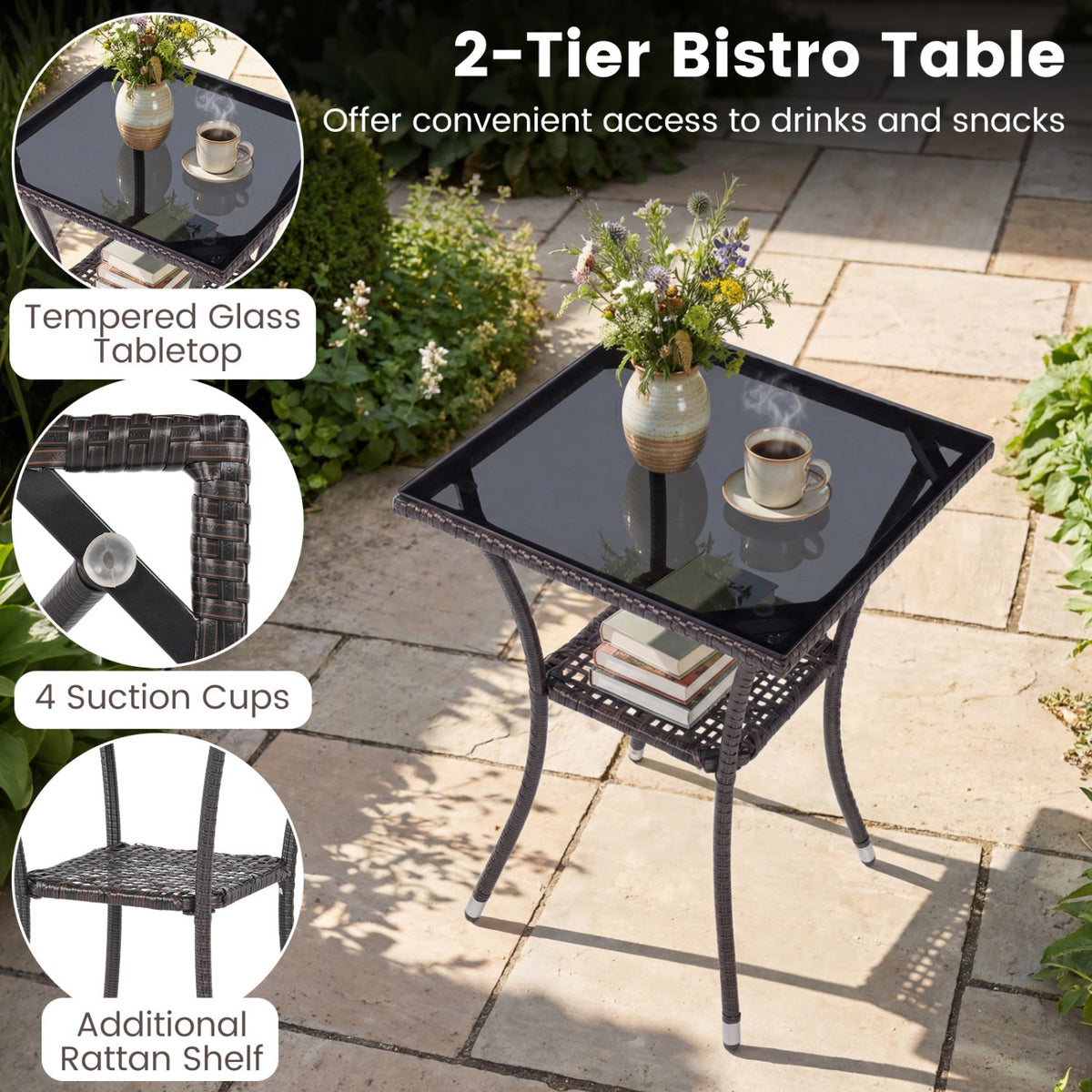 3 Pieces Patio Set with Cushioned Patio Chairs and Glass Coffee Table