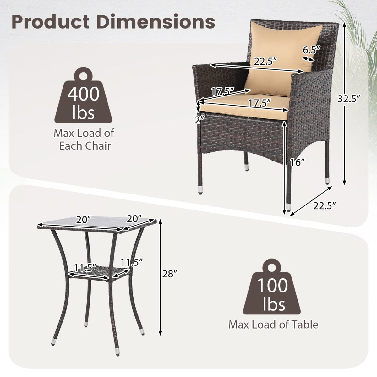 3 Pieces Patio Set with Cushioned Patio Chairs and Glass Coffee Table