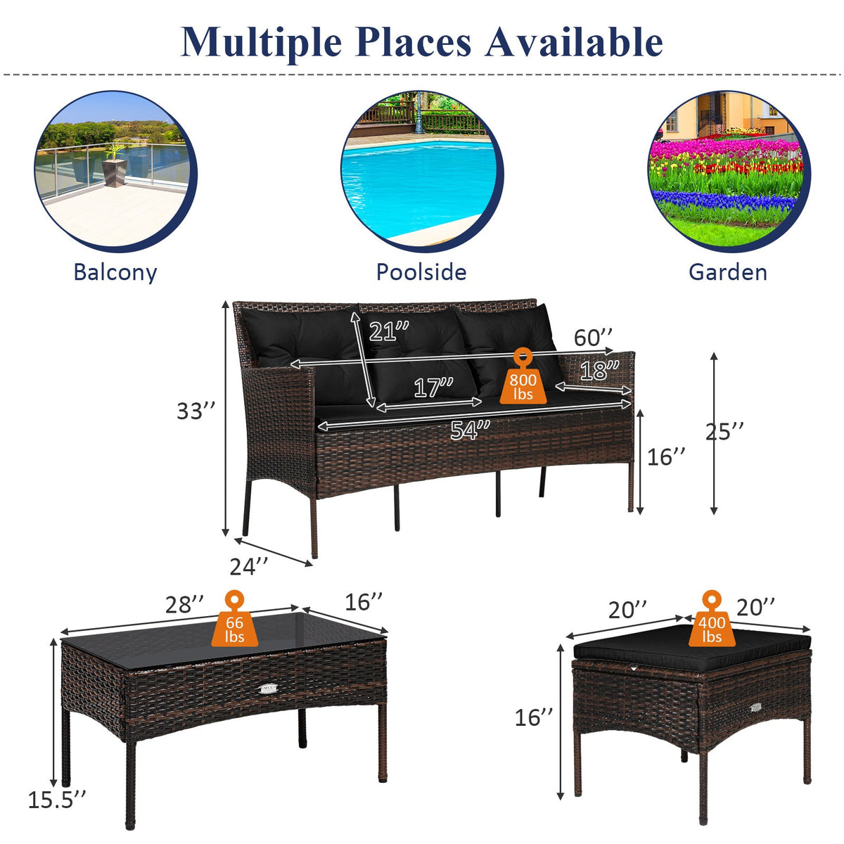 3 Pieces Patio Furniture Sectional Set with 5 Cozy
