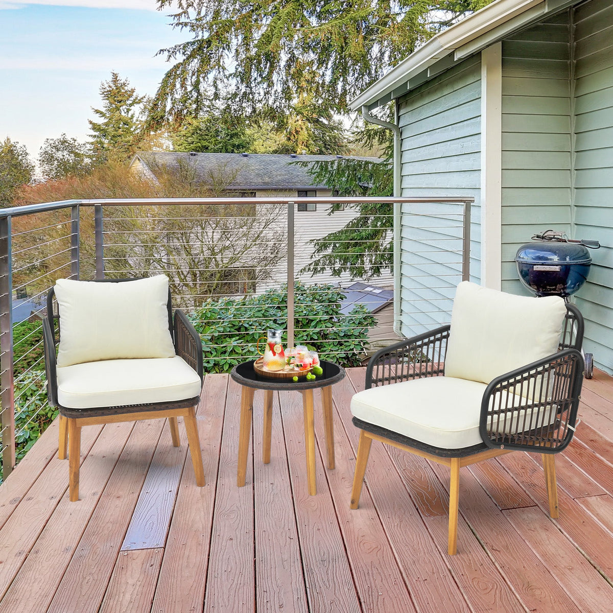 3 Pieces Patio Set with Cushioned Chairs and Tempered Glass Side Table