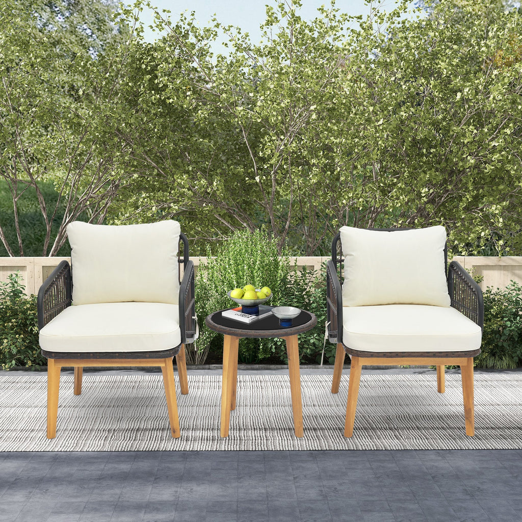 3 Pieces Patio Set with Cushioned Chairs and Tempered Glass Side Table