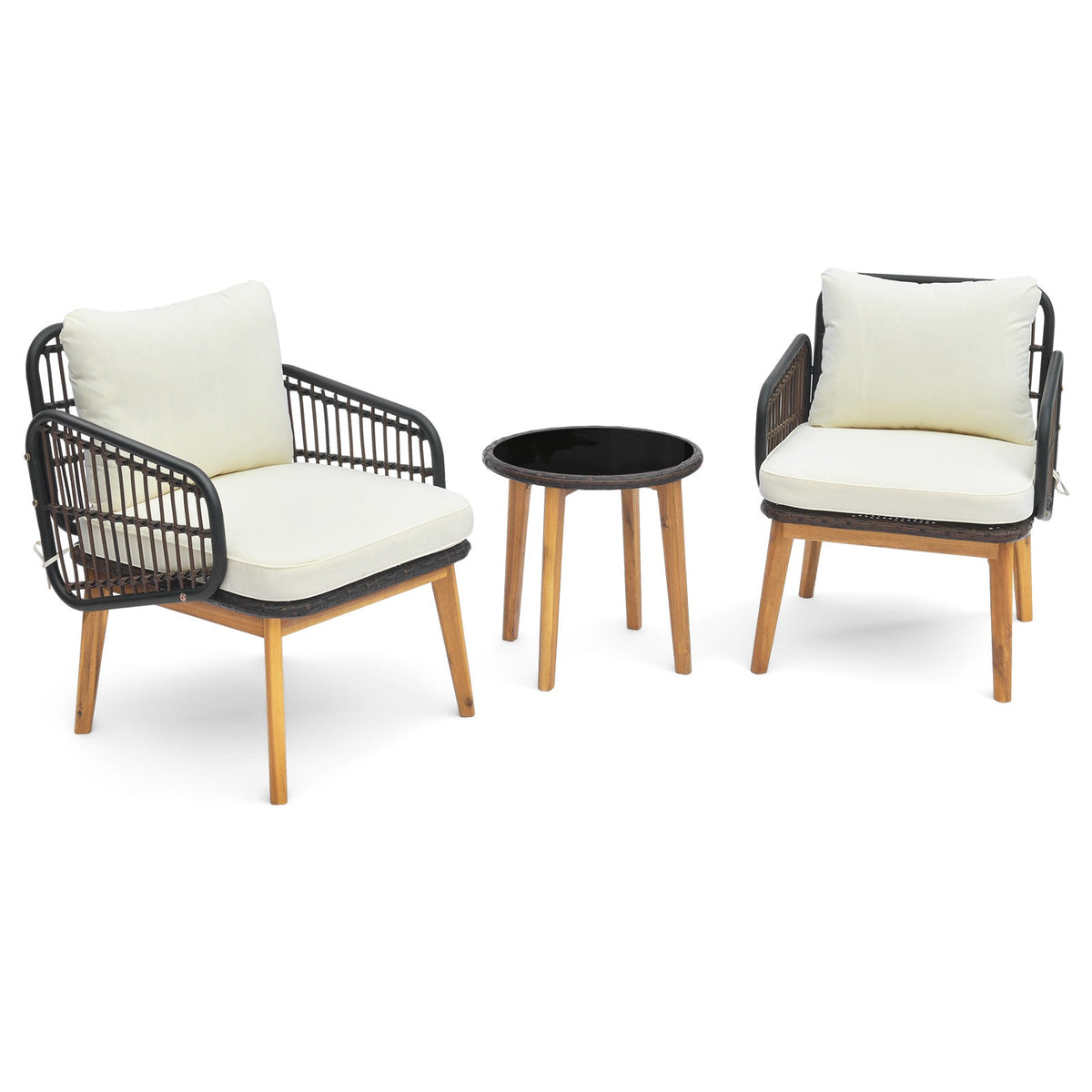 3 Pieces Patio Set with Cushioned Chairs and Tempered Glass Side Table