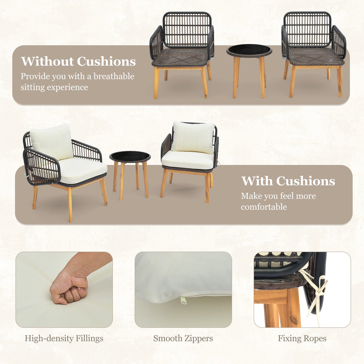 3 Pieces Patio Set with Cushioned Chairs and Tempered Glass Side Table