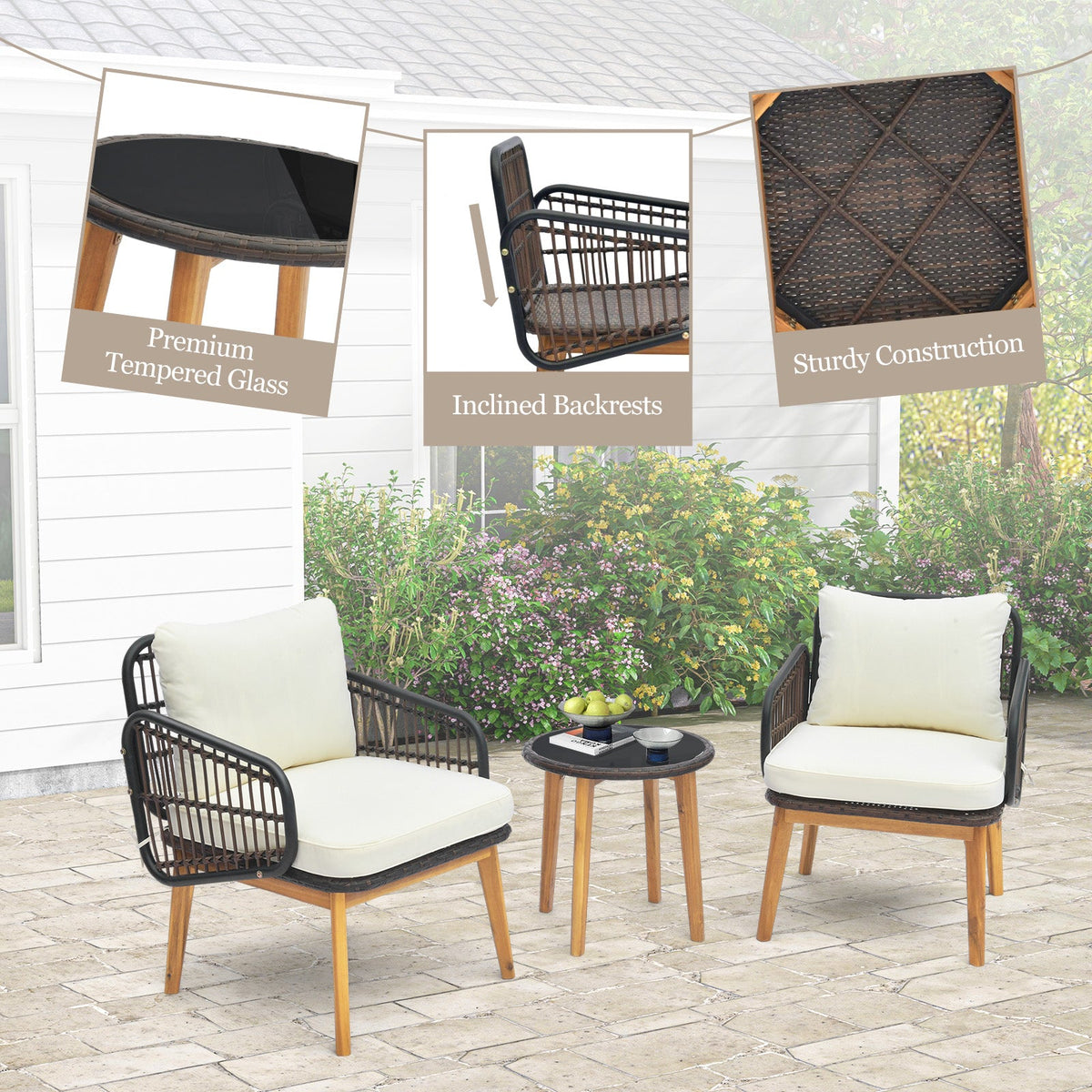 3 Pieces Patio Set with Cushioned Chairs and Tempered Glass Side Table