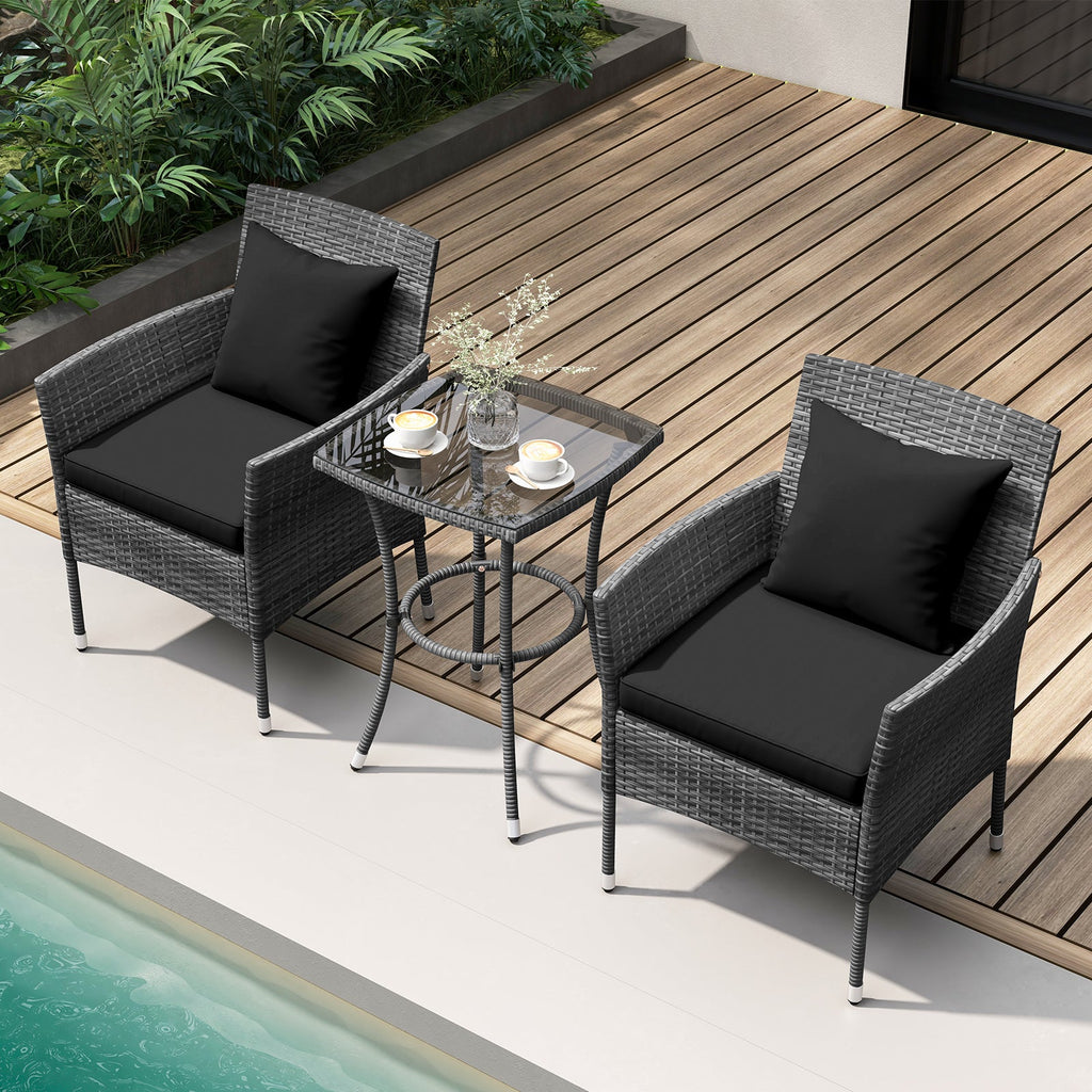 3 Pieces Patio Set with Cushioned Chairs and Glass Coffee Table