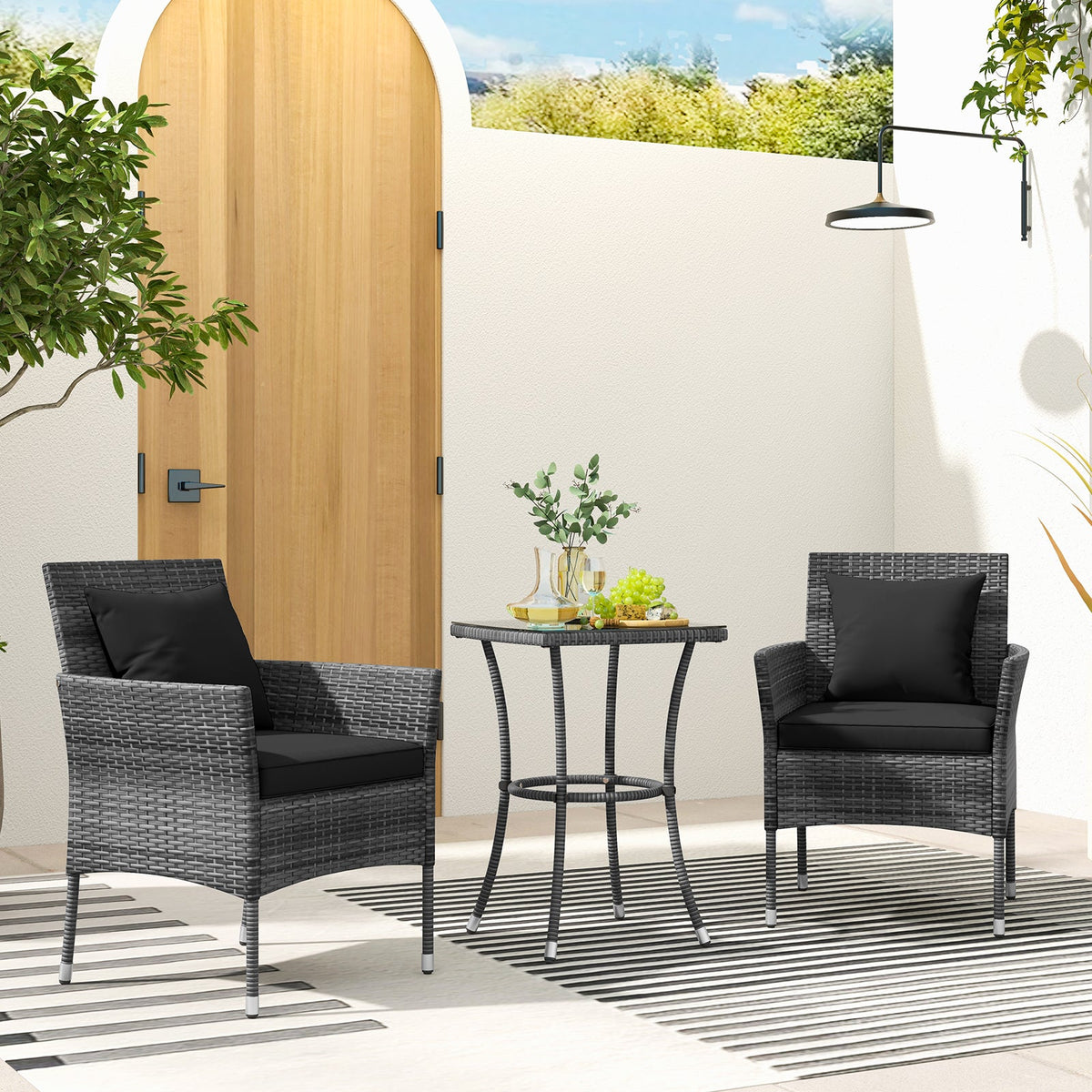 3 Pieces Patio Set with Cushioned Chairs and Glass Coffee Table