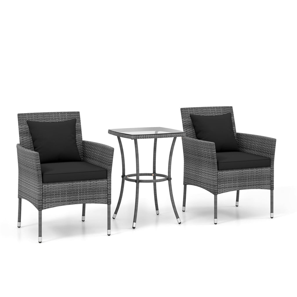 3 Pieces Patio Set with Cushioned Chairs and Glass Coffee Table