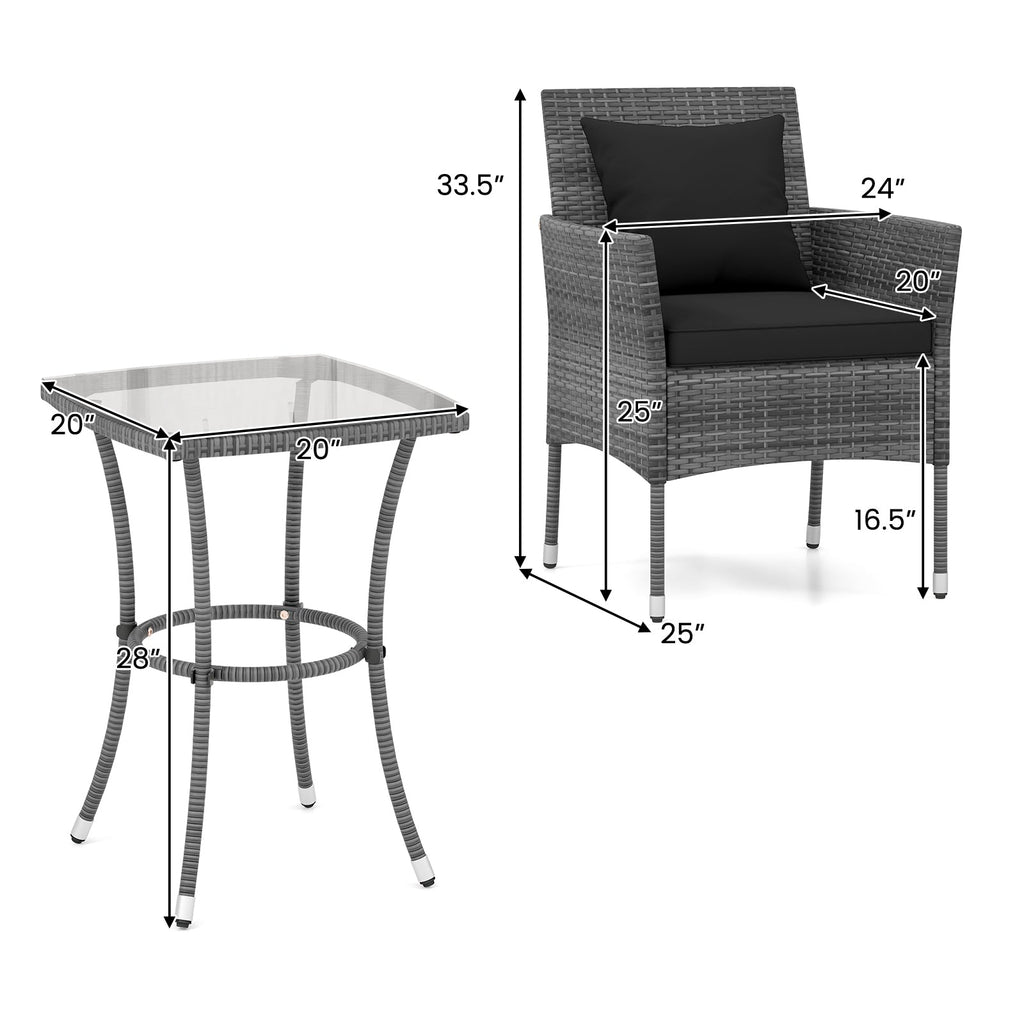 3 Pieces Patio Set with Cushioned Chairs and Glass Coffee Table